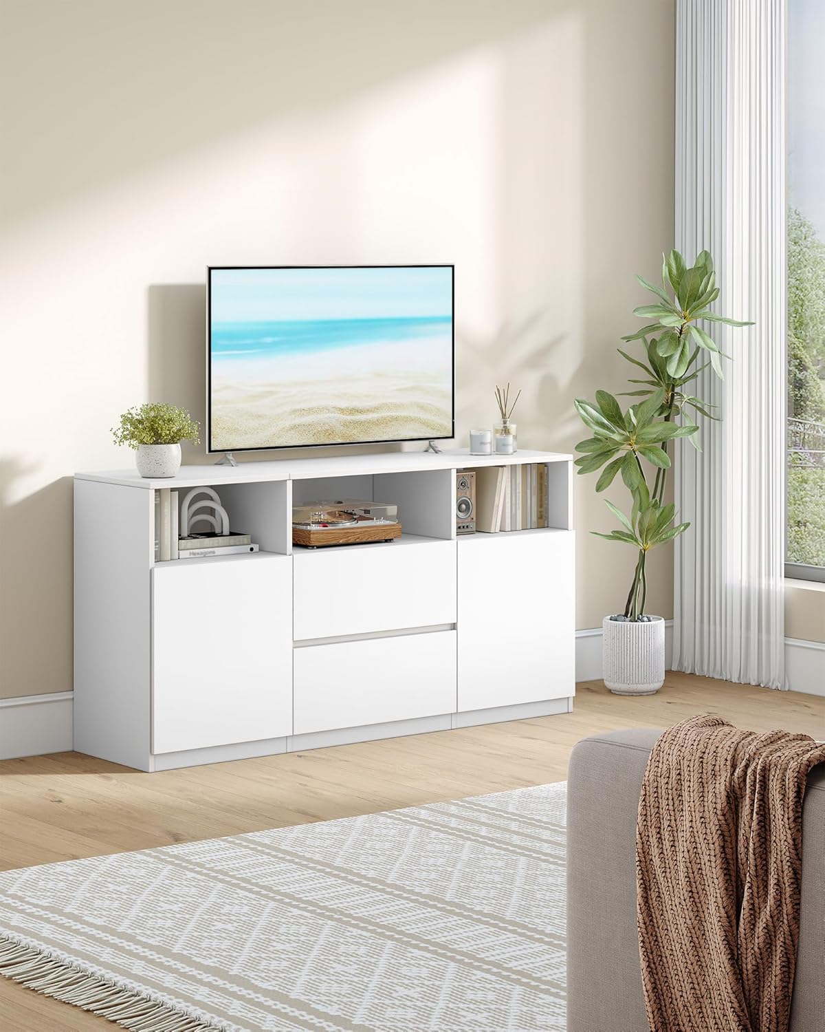Mueble de TV Hzuaneri con iluminación LED RGB (25 colores), soporte de televisión para pantallas de hasta 65 pulgadas, aparador con 2 cajones y 3 compartimentos abiertos, para salón y dormitorio, blanco TV17003XEU