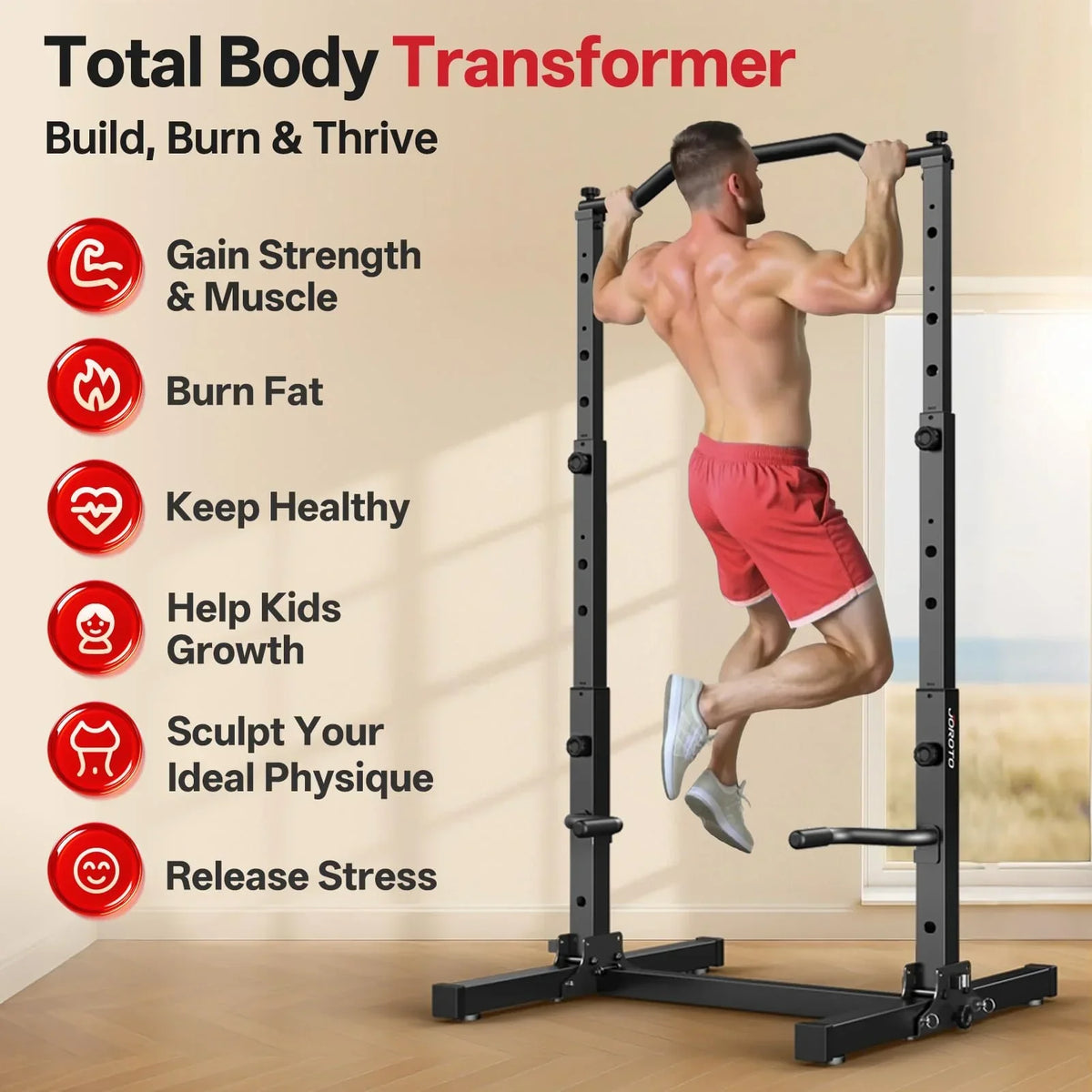 Torre de musculación JU30 5 en 1, estación de dominadas y fondos, ajustable en altura, plegable, capacidad de carga de 204 kg, 112 × 105 × 210 cm