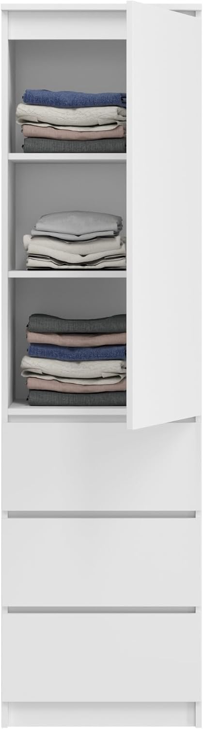 Armario ropero, armario vestidor, armario multiusos con 3 estantes y 3 cajones | armario compacto y funcional para dormitorio, recibidor o despacho | 50x40x180 cm (ancho x fondo x alto) | Blanco