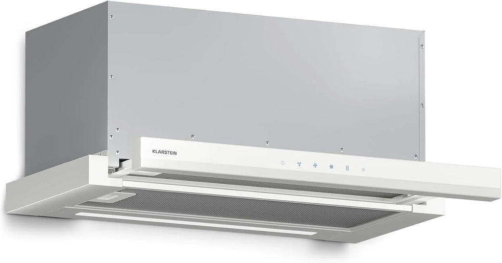 Klarstein Okap kuchenny, Velaire 60cm, podblatowy, rozsuwanyy, 896 m³/h boost, dotykowy, klasa energetyczna A++, LED, cichy, aluminiowy i z filtrem z węglem aktywnym, podblatowy kuchnia, biały