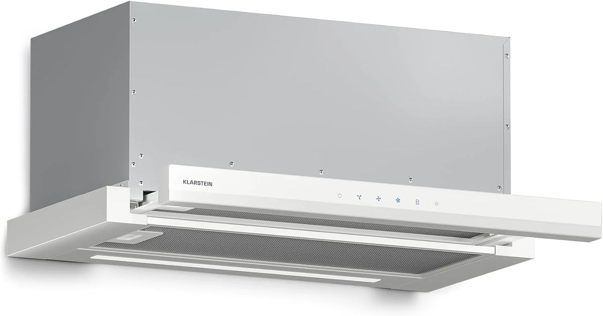 Klarstein Okap kuchenny, Velaire 60cm, podblatowy, rozsuwanyy, 896 m³/h boost, dotykowy, klasa energetyczna A++, LED, cichy, aluminiowy i z filtrem z węglem aktywnym, podblatowy kuchnia, biały