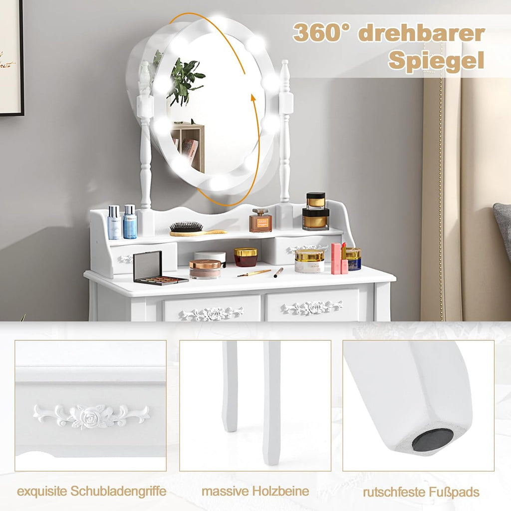 Tocador COSTWAY con iluminación LED, brillo  ajustable, mesa de maquillaje con 4 cajones, taburete y espejo giratorio de 360°, mesa de cosméticos para dormitorio (blanco)