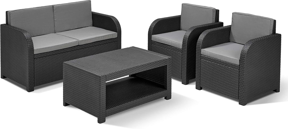 Conjunto de muebles de jardín de plástico Modena de Allibert by Keter, incl. cojines de asiento, gris, 4 piezas, 2 sillones, sofá y mesa, para jardín, balcón y terraza, aspecto de ratán plano