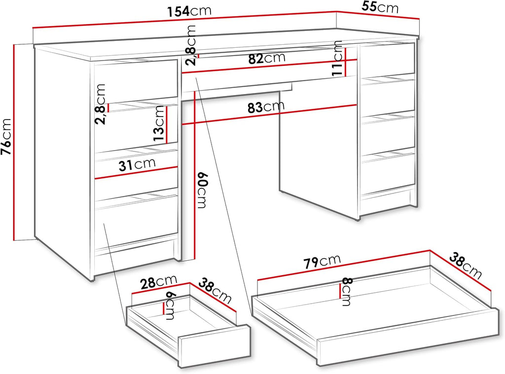 Escritorio Mirjan24 Ada Bis, 9 cajones, escritorio para estudiantes, mesa de ordenador, An:Al:Pr 154x76x55 cm, escritorio infantil, mesa de trabajo, mesa para PC, habitación juvenil, habitación infantil (Nuez Okapi)