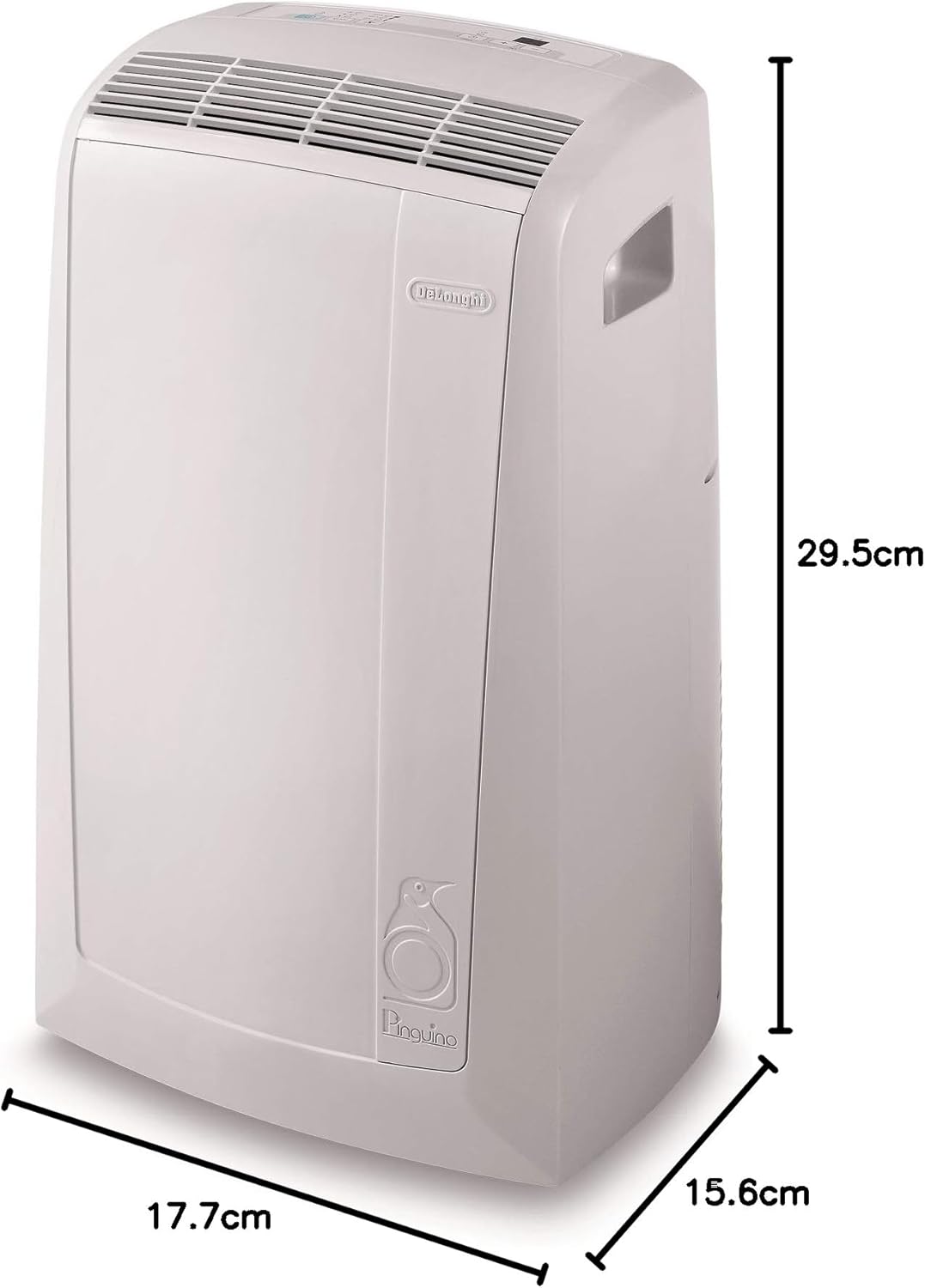 De'Longhi Pinguino PAC EM82, aire acondicionado portátil para habitaciones de hasta 80 m³, 9.400 BTU, 2,4 kW, 63 dB, función de deshumidificación, clase energética A, temporizador 24 h, blanco