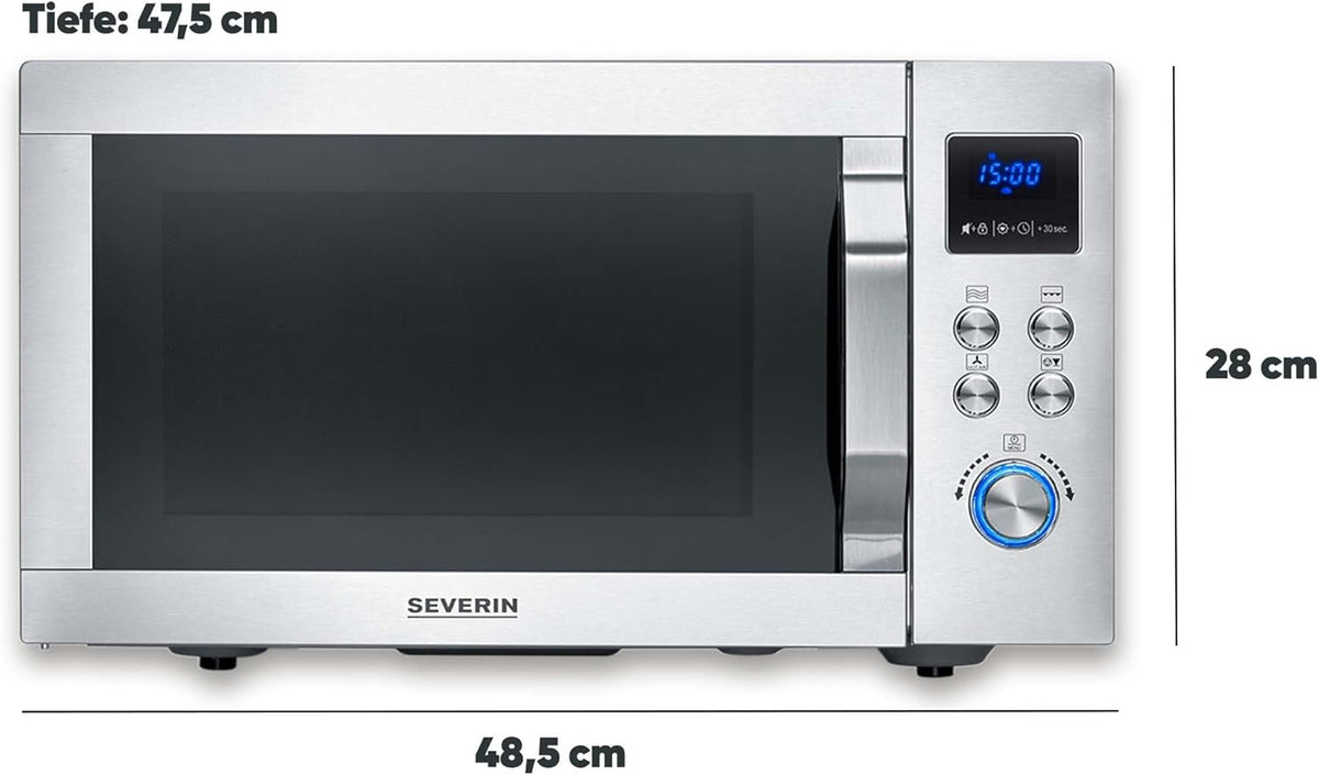 Microondas 4 en 1 SEVERIN "Crispy Wave", función de convección hasta 230 °C, freidora de aire, microondas, horno y grill, temporizador de 95 min, potencia máx. 2150 W, 25 L, plata/acero inoxidable, MW 7982