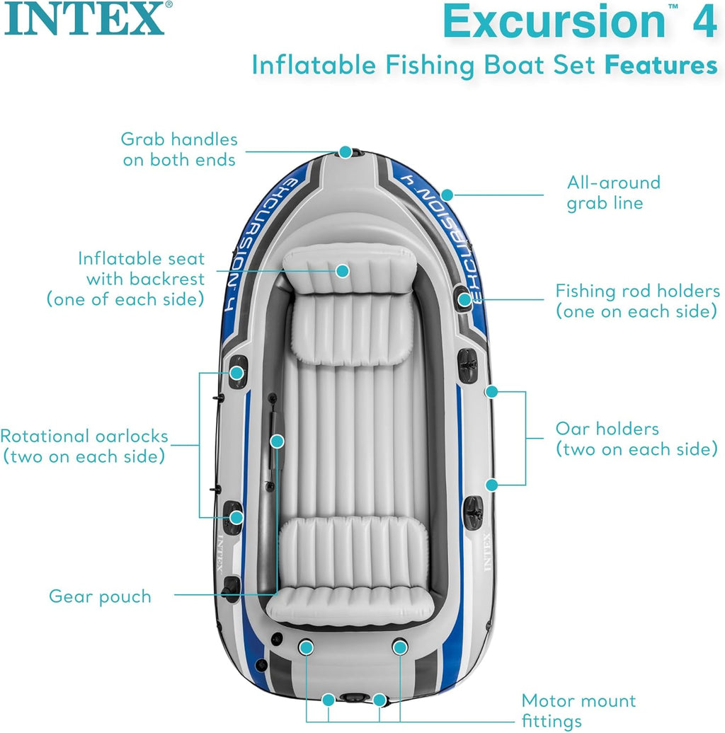 Bote inflable Intex Excursion 4 para 4 personas con remos de aluminio y bomba de aire de alto rendimiento