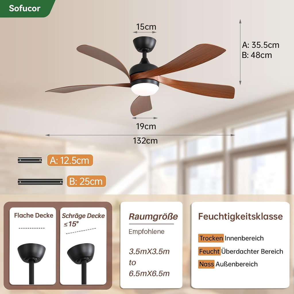 Ventilador de techo inteligente Sofucor con luz, 132 cm, compatible con Alexa/APP, control remoto, 3 temperaturas de color, temporizador, 6 velocidades, motor CC silencioso para sala de estar