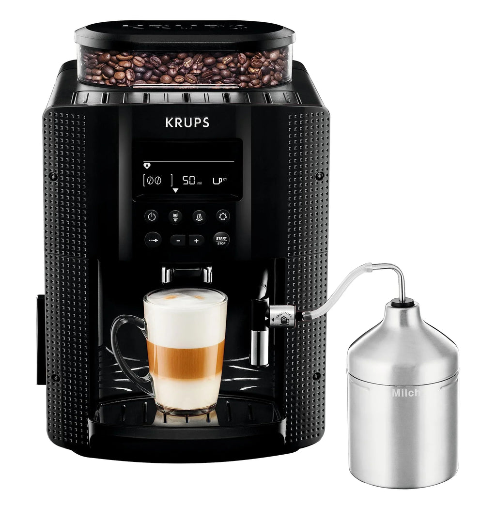 2025 Krups Essential - Cafetera superautomática, 15 bares de presión, molinillo cónico de metal, con selección de cantidad e intensidad de café, 1,7 l, 1 taza, acero, pantalla LCD + accesorios para leche