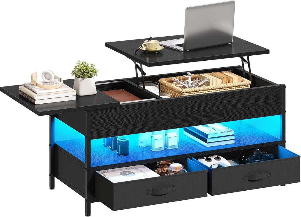 Mesa de centro elevable YITAHOME, mesa de salón con compartimento de almacenamiento oculto para sala de estar u oficina, mesa de centro con almacenamiento, 2 cajones y tira de luz LED, 106 x 50 x 51,5 cm