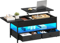 Mesa de centro elevable YITAHOME, mesa de salón con compartimento de almacenamiento oculto para sala de estar u oficina, mesa de centro con almacenamiento, 2 cajones y tira de luz LED, 106 x 50 x 51,5 cm