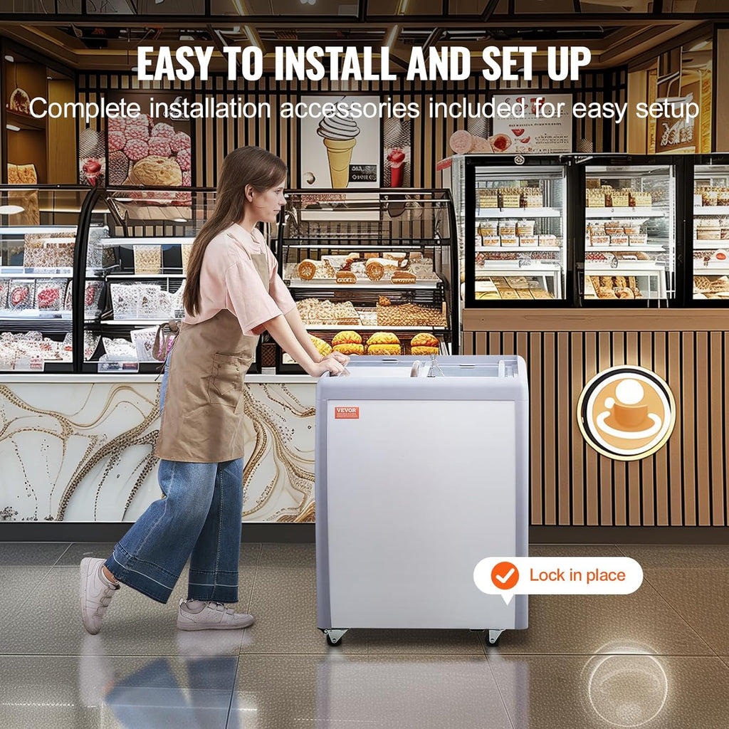 Vitrina comercial para helados VEVOR, arcón congelador de 158 L, congelador móvil con tapa de cristal, vitrina para heladería de restaurante con 4 recipientes grandes, 2 puertas correderas de cristal, ruedas bloqueables, blanco