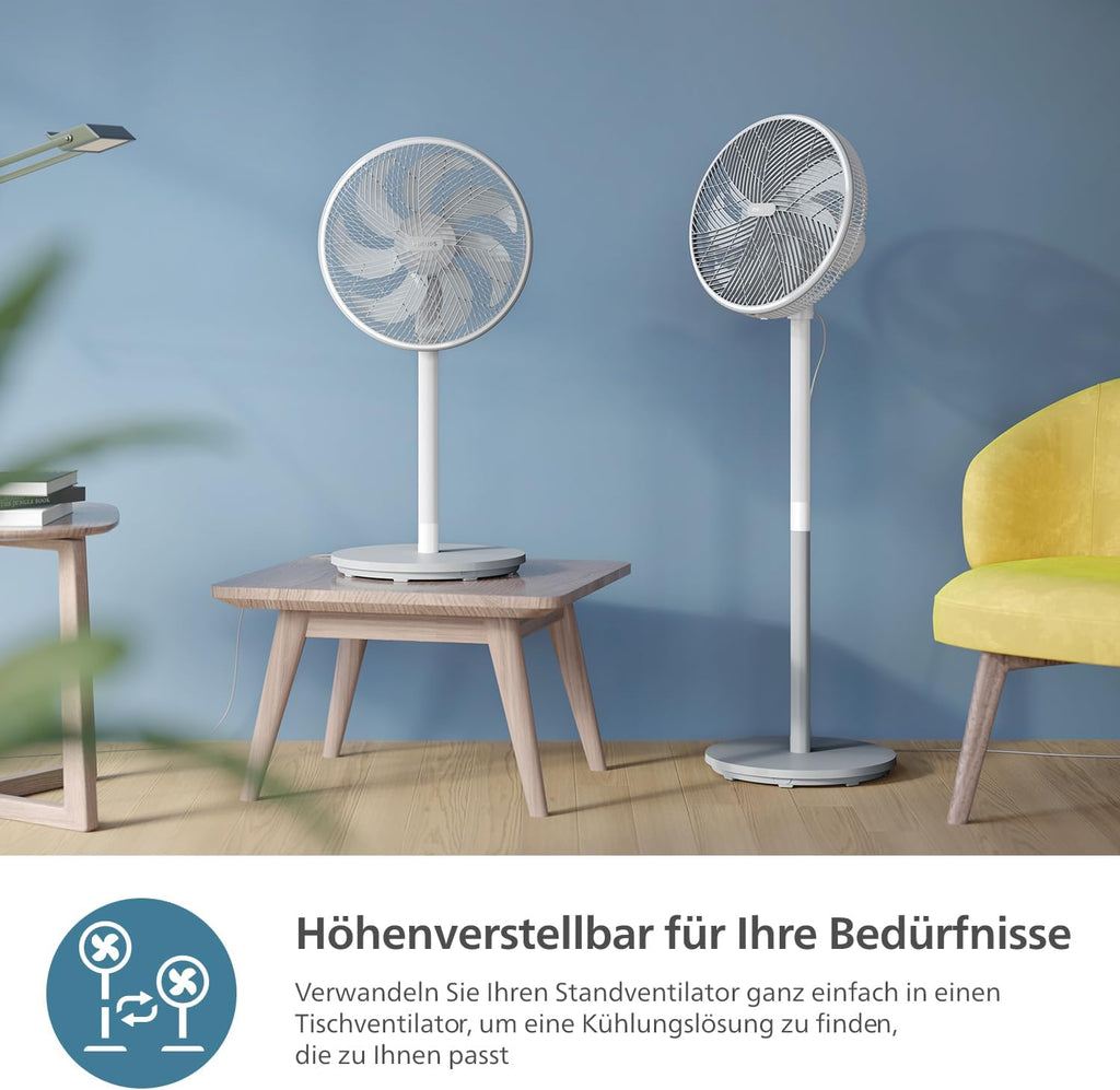 Ventilador PHILIPS Serie 2000. Potente y súper silencioso con tecnología SilentWings. 19 dB. Ventilador 2 en 1 de mesa y pie. Inclinación y oscilación ajustables. Temporizador de 12 horas. Blanco (CX2550/00)