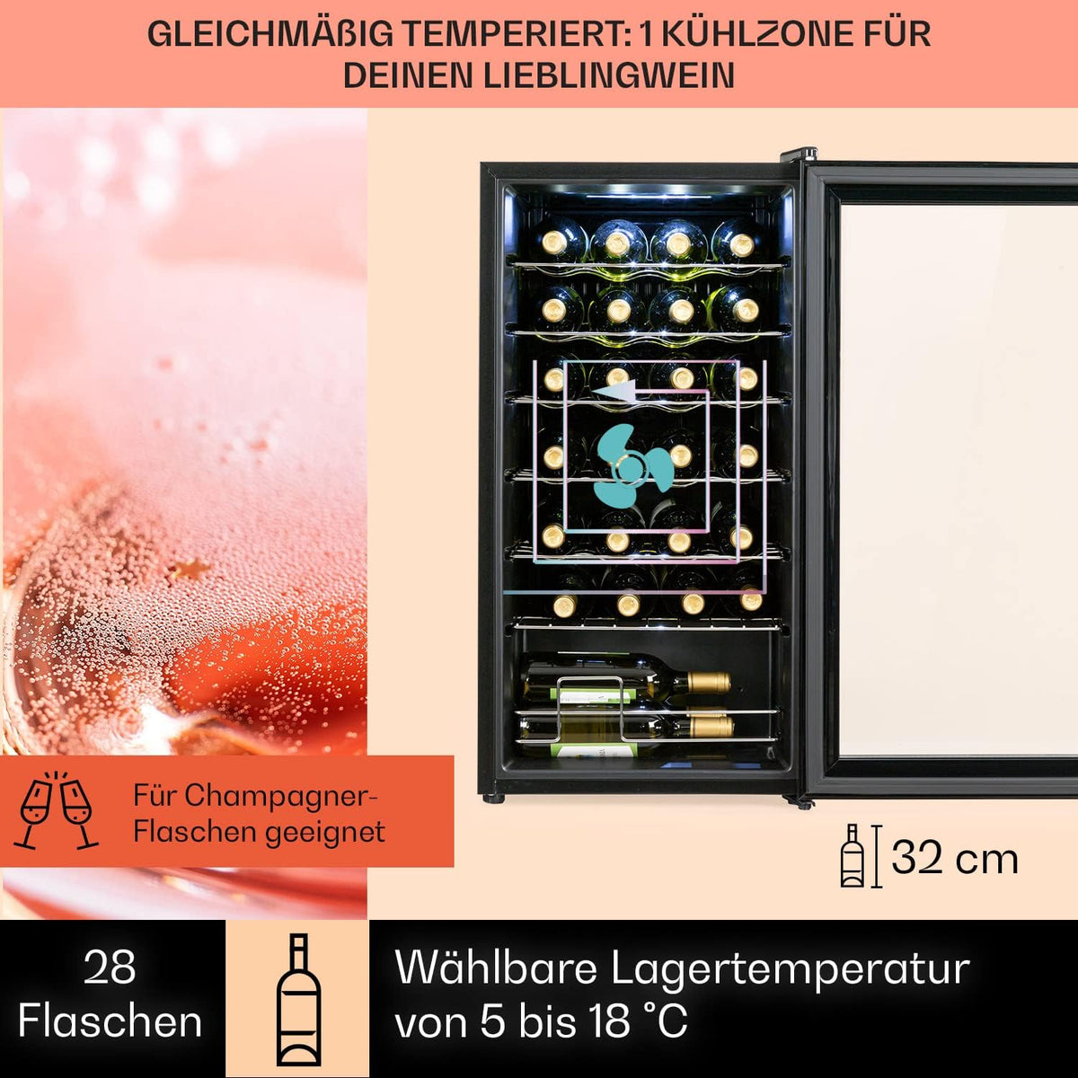 Nevera para vinos Klarstein, frigorífico para bebidas pequeño de 1 zona, vinoteca pequeña de 74L, nevera para vinos pequeña con puerta de cristal, enfriador de botellas para interior/exterior, nevera para vinos de 5-18°C, 28 botellas