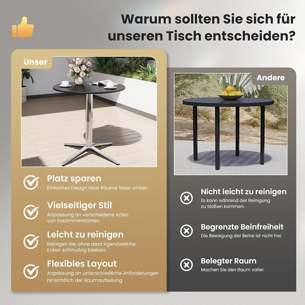 PHI VILLA Mesa de bistró 2 en 1 redonda, resistente a la intemperie, mesa de comedor pequeña multifuncional para taberna, jardín, balcón, cocina, Ø76x74,5 cm, negro