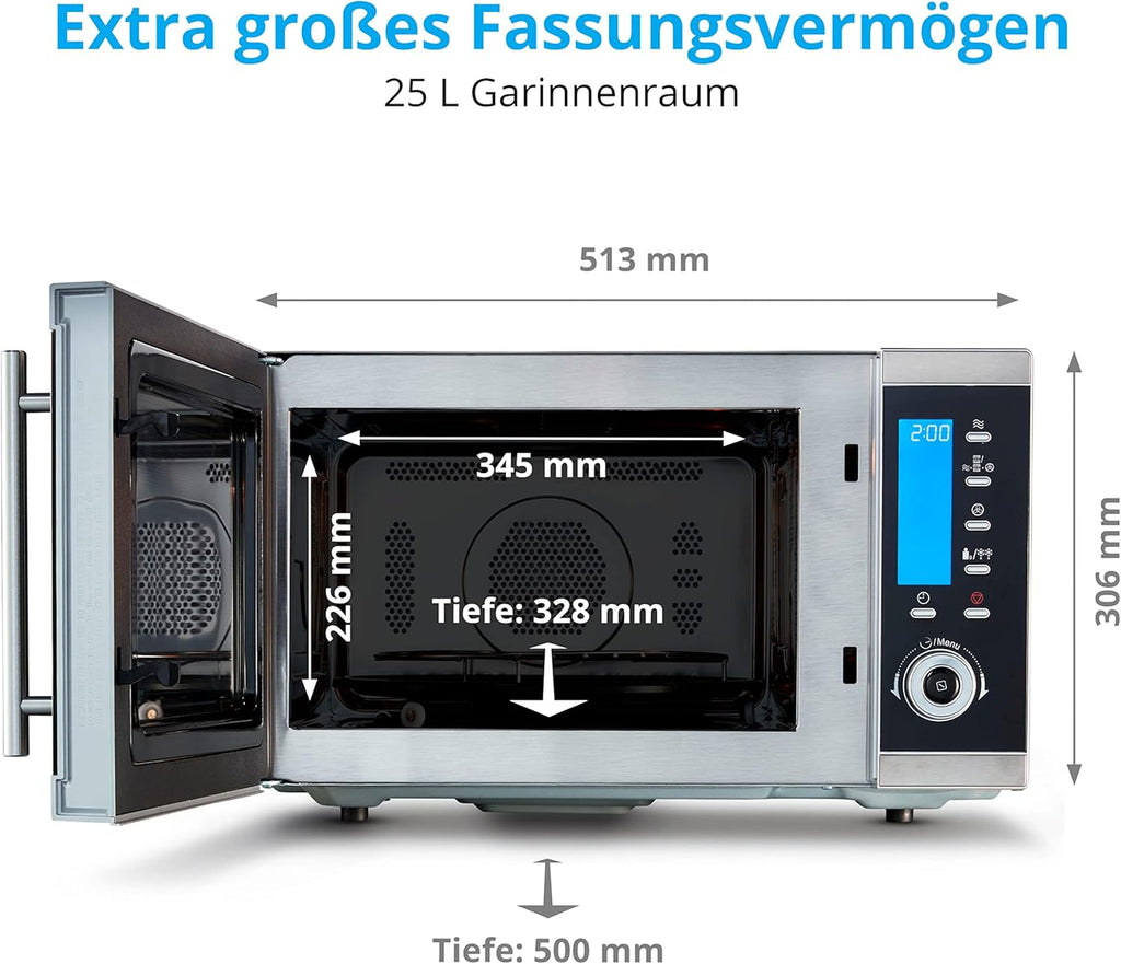 Microondas 4 en 1 MEDION MD 15501 con grill (25 litros, 900 vatios, grill de 1100 vatios, aire caliente de 2500 vatios, 10 programas automáticos) plateado