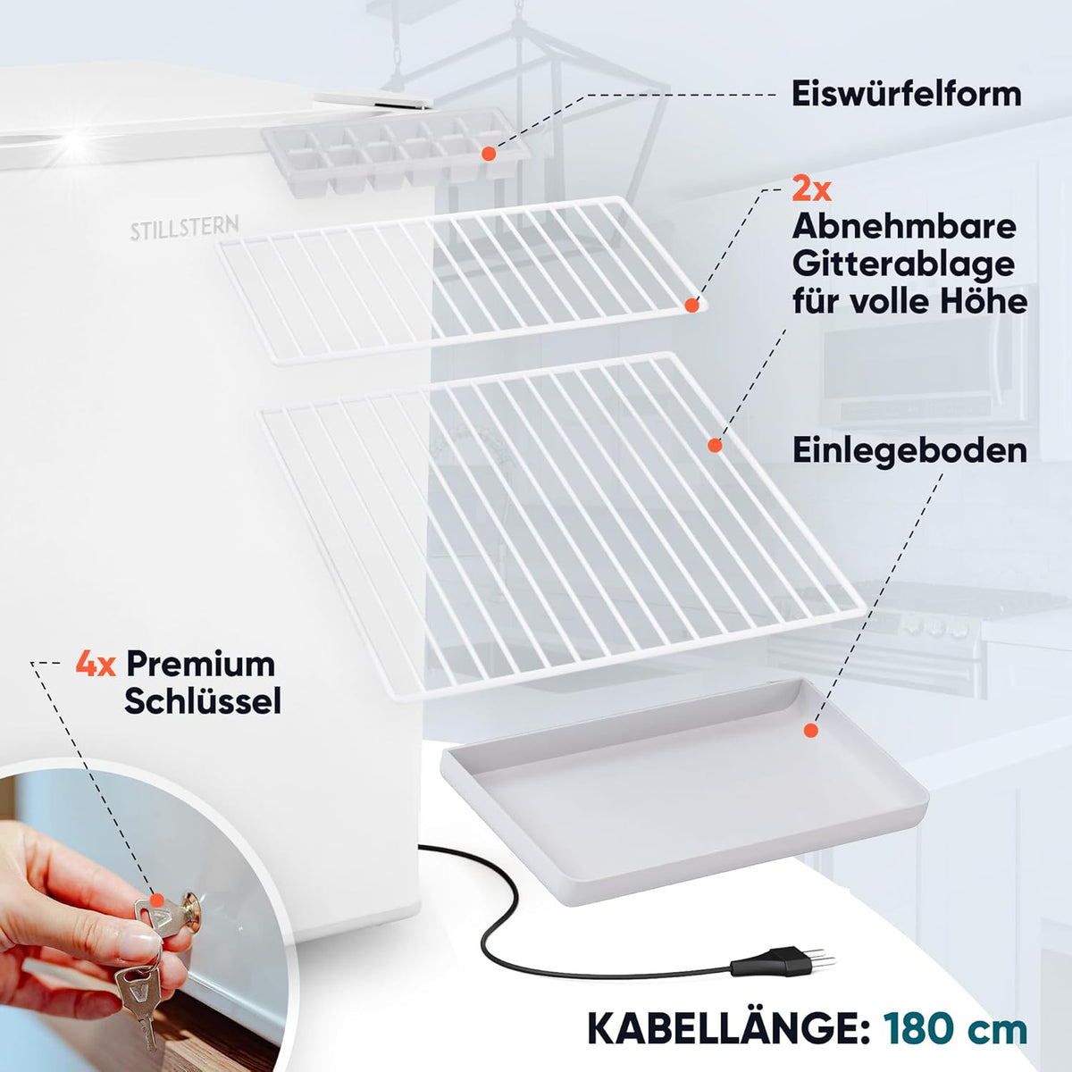 Mini congelador Stillstern (42 L) -18 °C, cubitera, cerradura, puerta reversible, congelador de 4 estrellas para camping/oficina, arcón congelador pequeño, congelador pequeño, arcón congelador, blanco
