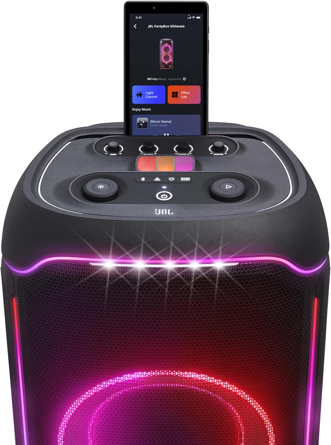 JBL Partybox Stage 120 en negro: altavoz Bluetooth portátil con sonido JBL Pro, espectáculo de luces, refuerzo de sonido con IA y asa telescópica: 12 h de autonomía