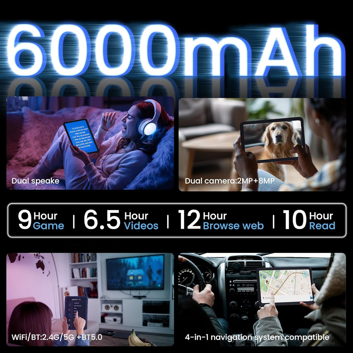 Tableta de 10.1", Android 15, pantalla in-cell, 20 GB (8+12) de RAM, 256 GB de ROM, 1280x800, batería de 6000 mAh, Bluetooth, cámara dual, GMS, WiFi