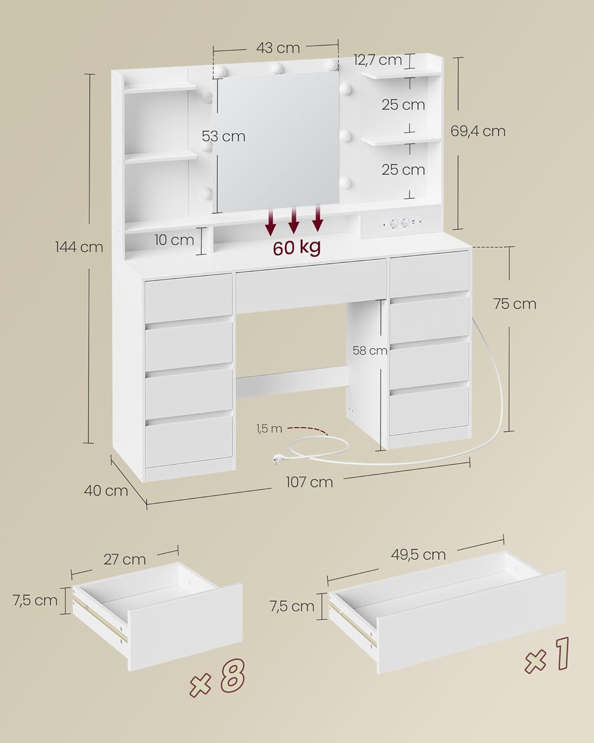 Colección VASAGLE Kailyn - Tocador con espejo y luces LED, regleta de enchufes, 9 cajones, 9 bombillas regulables, 3 colores de luz, rieles deslizantes sin herramientas, blanco nube RDT141WB02