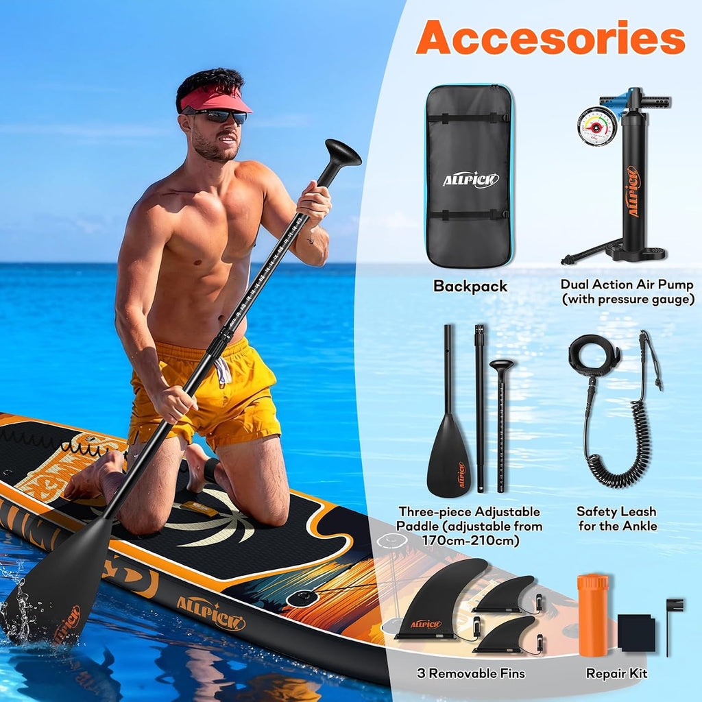 Set de tabla de paddle surf premium ALLPICK, tabla de paddle surf hinchable, con soporte universal para cámara, accesorios completos, remo ajustable, principiantes, avanzados, 200 kg