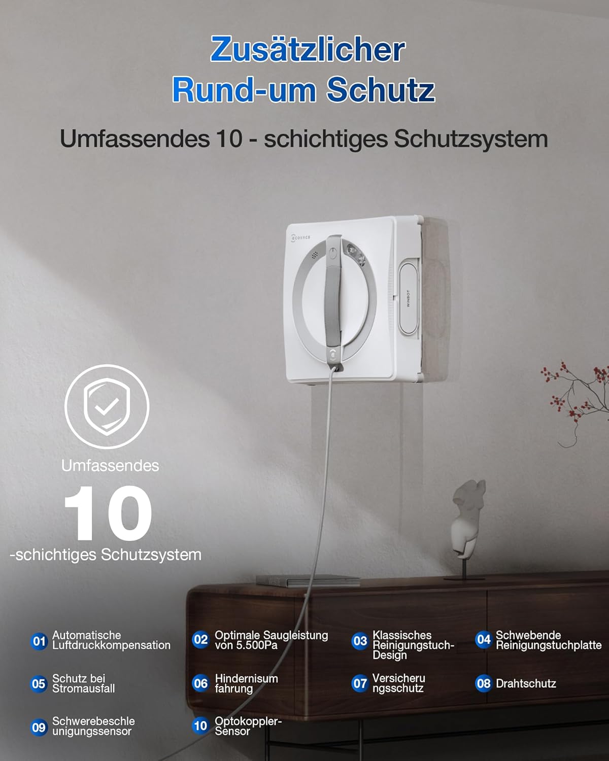 Robot limpiacristales ECOVACS WINBOT W2 PRO, pulverizador de agua de 3 boquillas, sistema de protección de 10 niveles, planificación de rutas Win-SLAM 4.0, sistema de escalada estable, detección de bordes, control por app, blanco