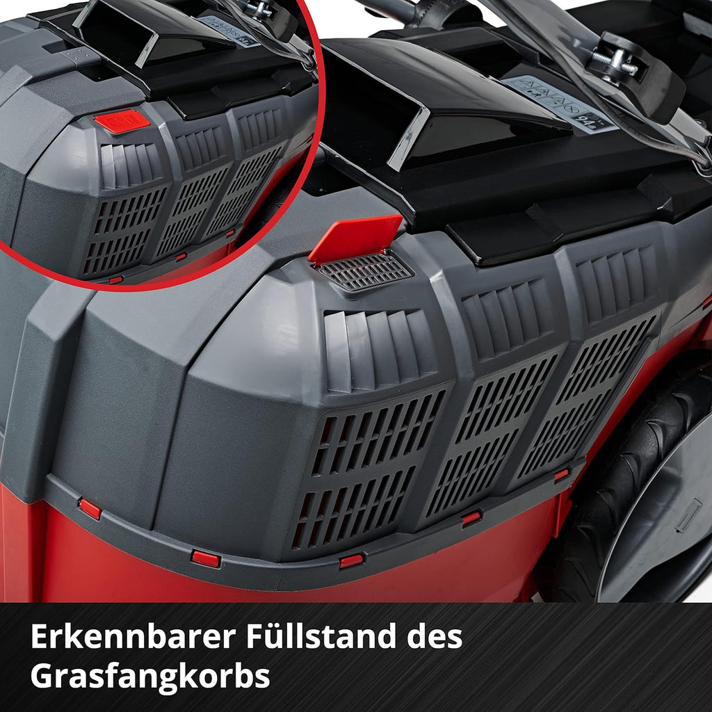 Cortacésped inalámbrico Einhell GE-CM 43 Li M Kit Power X-Change (36 V, ancho de corte de 43 cm, hasta 600 m², sin escobillas, kit de mulching, cesta colectora de 63 L, altura de corte de 25-75 mm, incl. 2 baterías de 4,0 Ah + 2 cargadores)