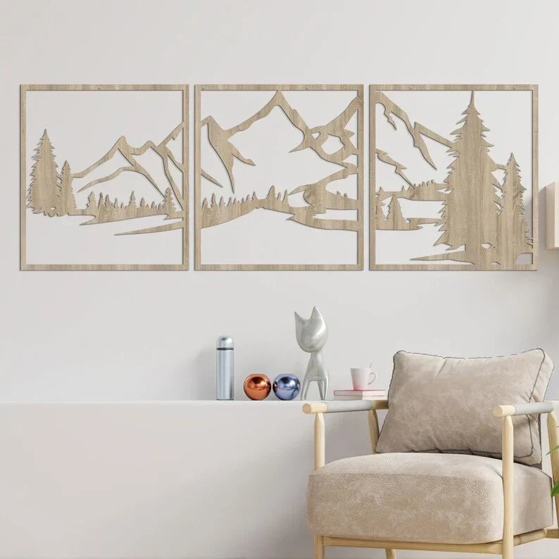 Arte de pared de montañas en madera, HDF 3 mm, decoración de pared rústica para sala de estar, dormitorio, oficina