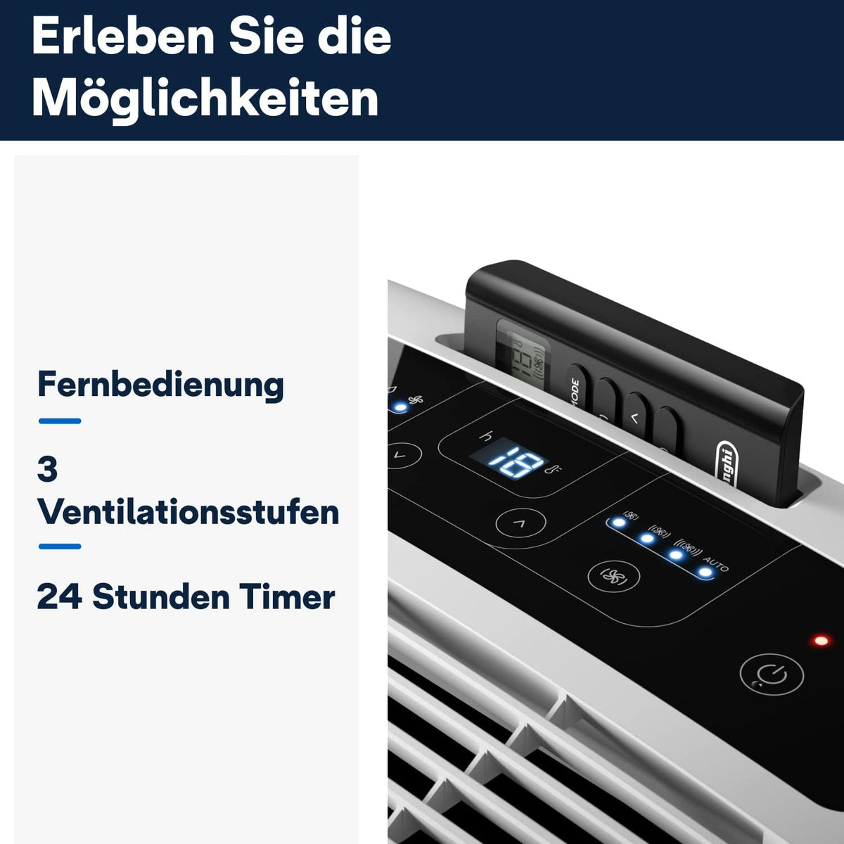 De'Longhi Pinguino - Aire acondicionado portátil 3 en 1, para habitaciones de hasta 27 m², con deshumidificador y ventilador, 9400 BTU, funcionamiento silencioso, mando a distancia, temporizador de 24 h, clase de eficiencia energética A (PACEM82)