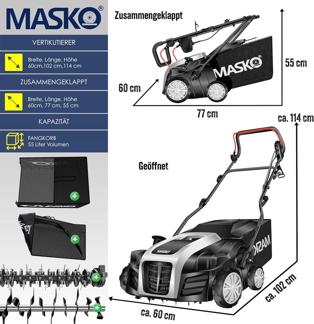 MASKO® Elektro 2in1 Vertikutierer Rasenlüfter 1800W 40cm Arbeitsbreite 55L Fangkorb mit Lüfterwalze Lüfter Moosentferner, 20 Stahlmesser, 5-stufige Arbeitstiefe einstellbar höhenverstellbarer Holm