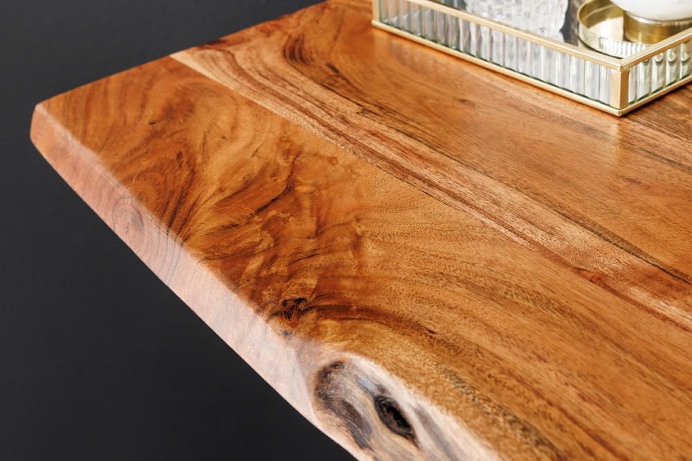 Mesa de bar de madera maciza Riess Ambiente Mammut 120 cm, acacia natural con borde vivo, metal negro con reposapiés, mesa de cocina, mostrador de cocina, mesa alta rectangular