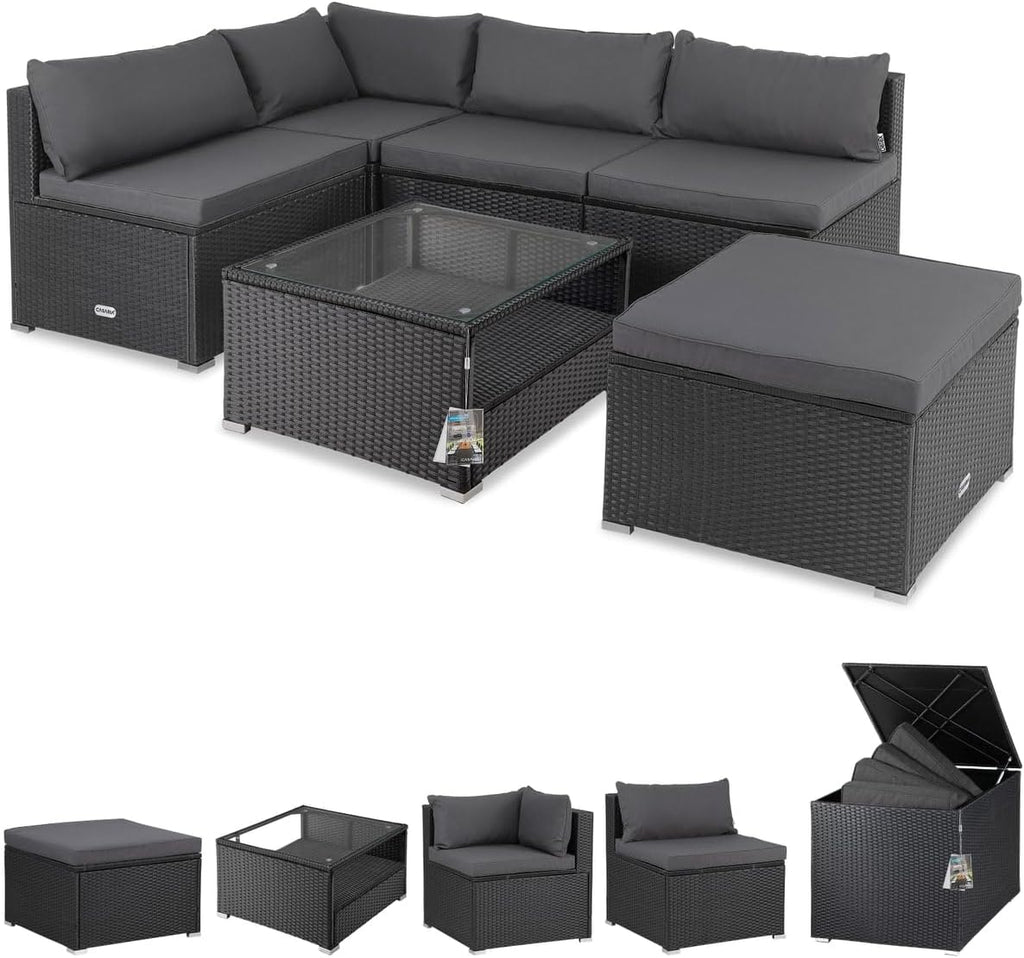 Set de muebles de jardín Lounge Casaria® incl. caja de almacenamiento de 318 L, para exteriores, con mesa, cojines, resistente a la intemperie, poliratán, color negro antracita, muebles para balcón y terraza