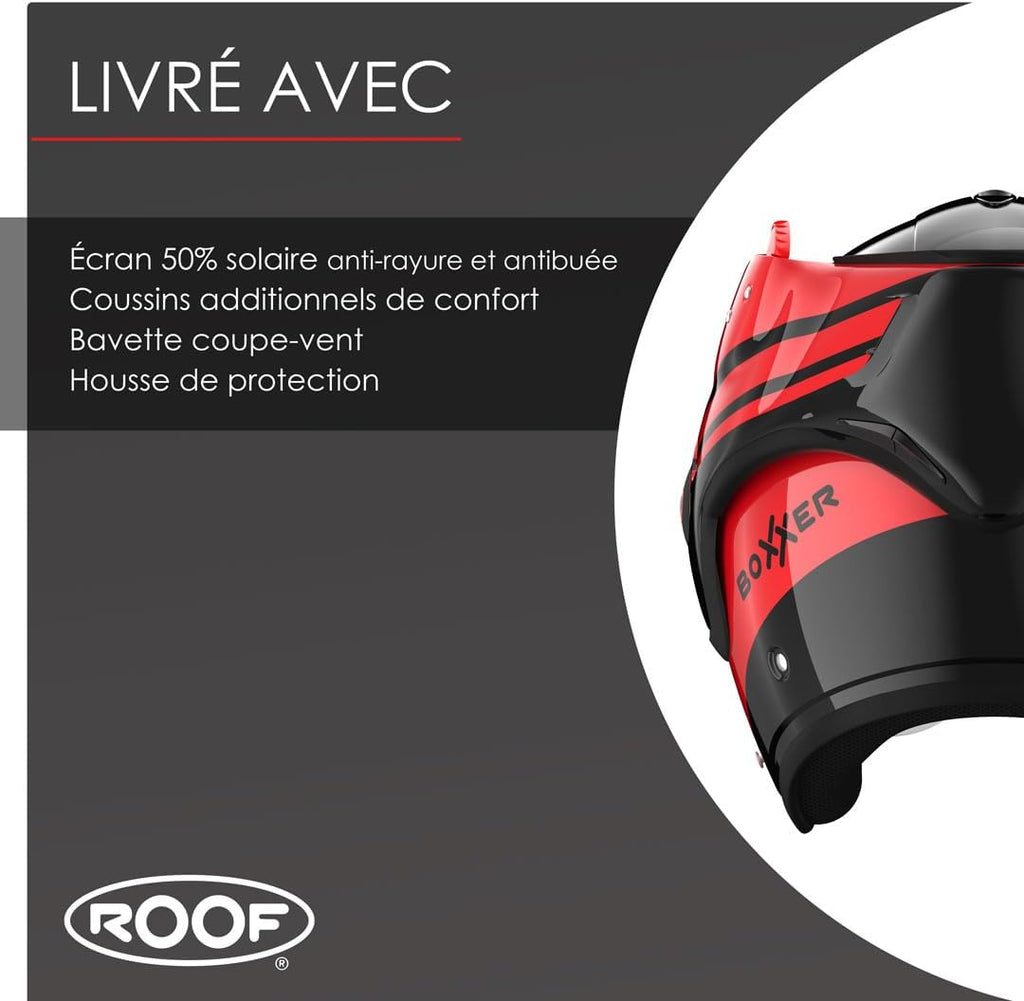 Casco ROOF Boxxer con doble homologación Jet/Integral - Color Sting Negro Rojo - Casco de gama alta en fibra de vidrio - Apertura secuencial con una mano - Oferta directa de fábrica - Garantía de 4 años