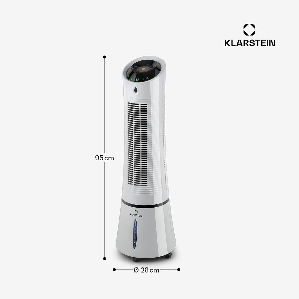 Klarstein 4 en 1: Enfriador de aire inteligente, ventilador, humidificador e ionizador I Depósito de agua de 6 L, oscilación, 30 W, 210 m³/h, temporizador I Aire acondicionado sin tubo de escape, aire acondicionado móvil, plata