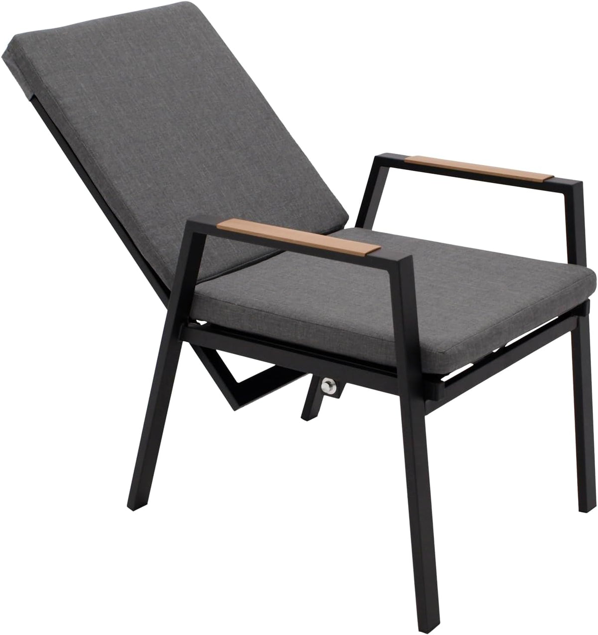 Sillón de jardín DEGAMO Bilbao con respaldo alto, aluminio resistente a la intemperie color antracita, reposabrazos con efecto madera, reclinable sin niveles, cojines grises, resistente a la intemperie, exterior