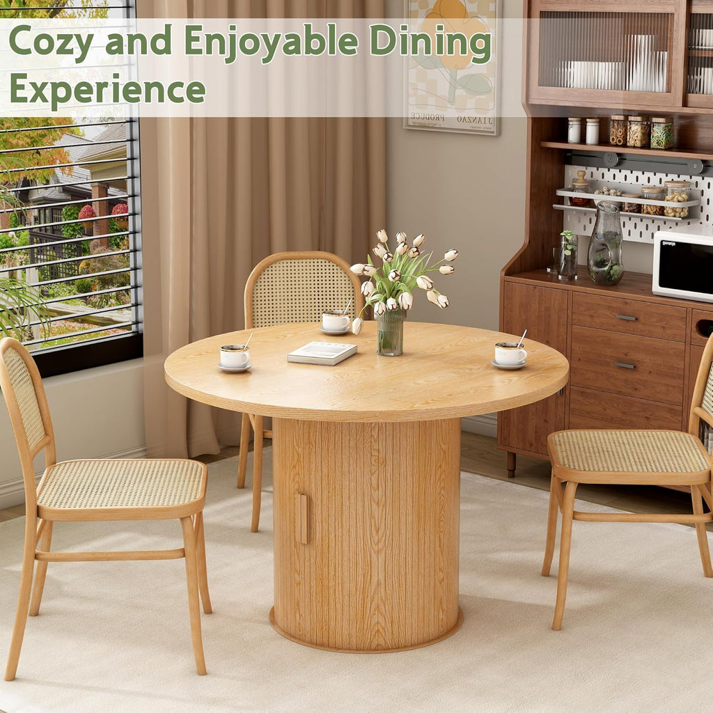 Mesa de comedor redonda de 110 cm con espacio de almacenamiento, mesa de cocina con estructura de metal estable, mesas de comedor modernas y redondas para 2-4 personas para comedor, cocina, oficina en casa (color roble claro)