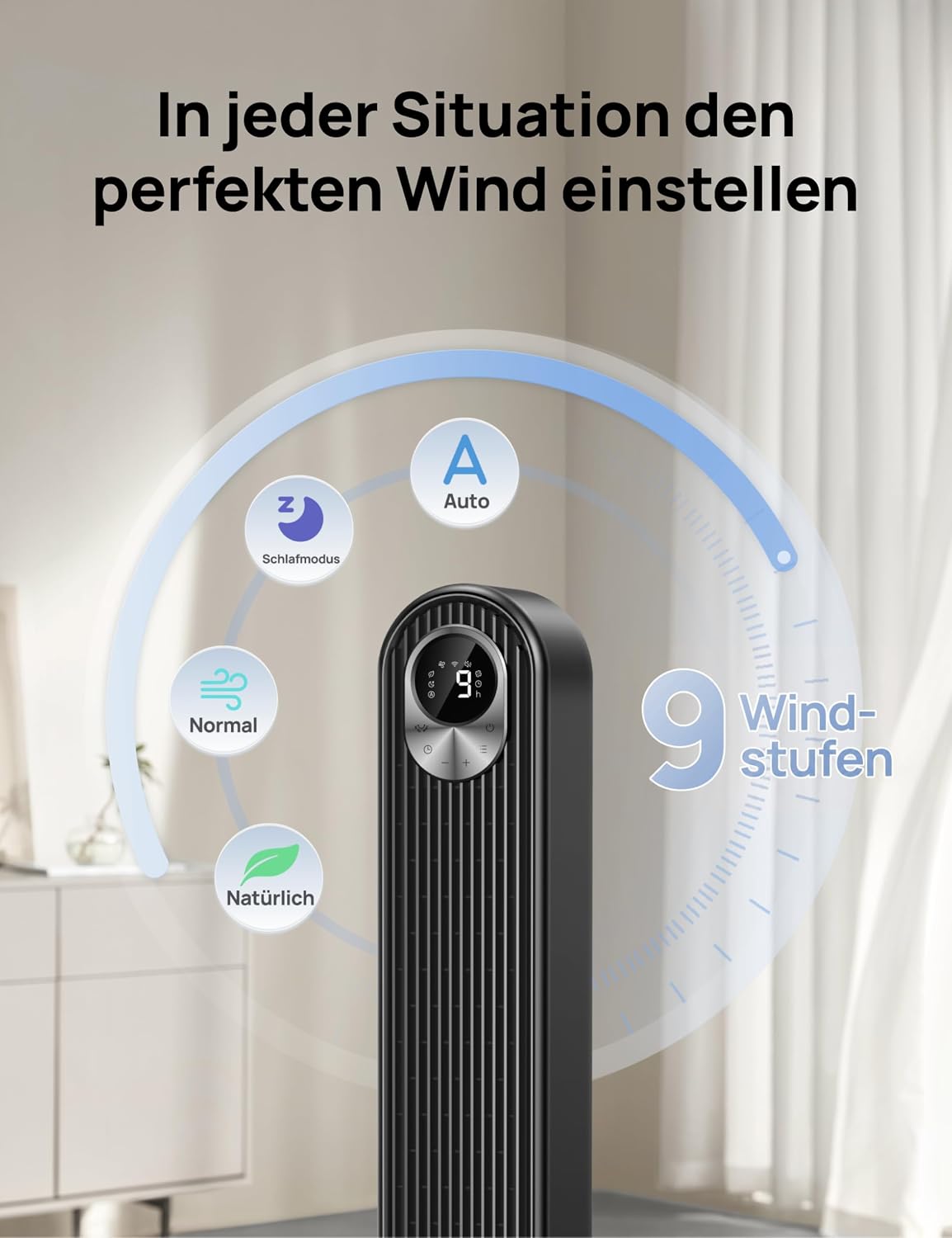 Ventilador de torre Dreo Smart con motor CC de 20 dB, silencioso, alcance de 11 m, mando a distancia, 9 velocidades, 4 modos, oscilación de 90°, control por voz para dormitorio, temporizador de 12 h