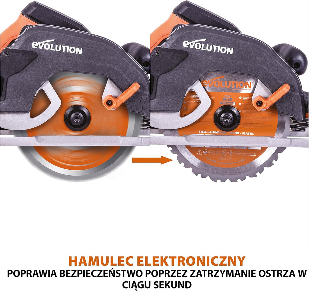 Evolution Power Tools R185CCSX Piła tarczowa i prowadnica do różnych materiałów, tnie drewno, drewno z gwoździami metal stal aluminium plastik, opcja odchylenia, w zestawie prowadnica 1020 mm, 185 mm