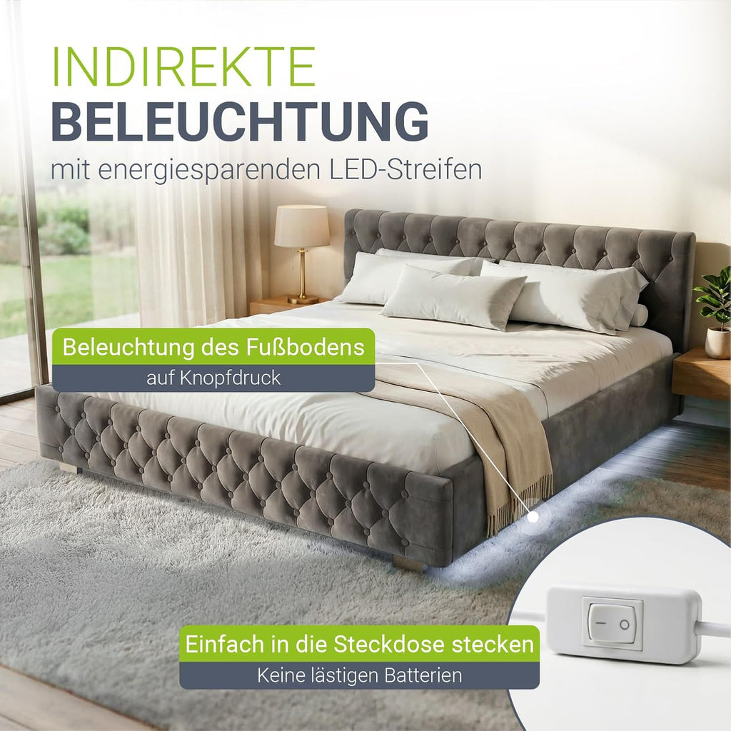 Cama tapizada Juskys Nizza 180x200 cm con colchón, estructura de cama con somier, almacenamiento e iluminación LED, tapizado de terciopelo, acolchado Chesterfield, gris