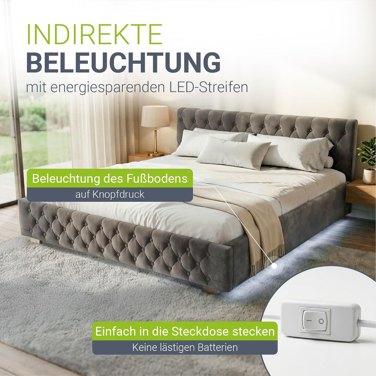 Cama tapizada Juskys Nizza 180x200 cm con colchón, estructura de cama con somier, almacenamiento e iluminación LED, tapizado de terciopelo, acolchado Chesterfield, gris