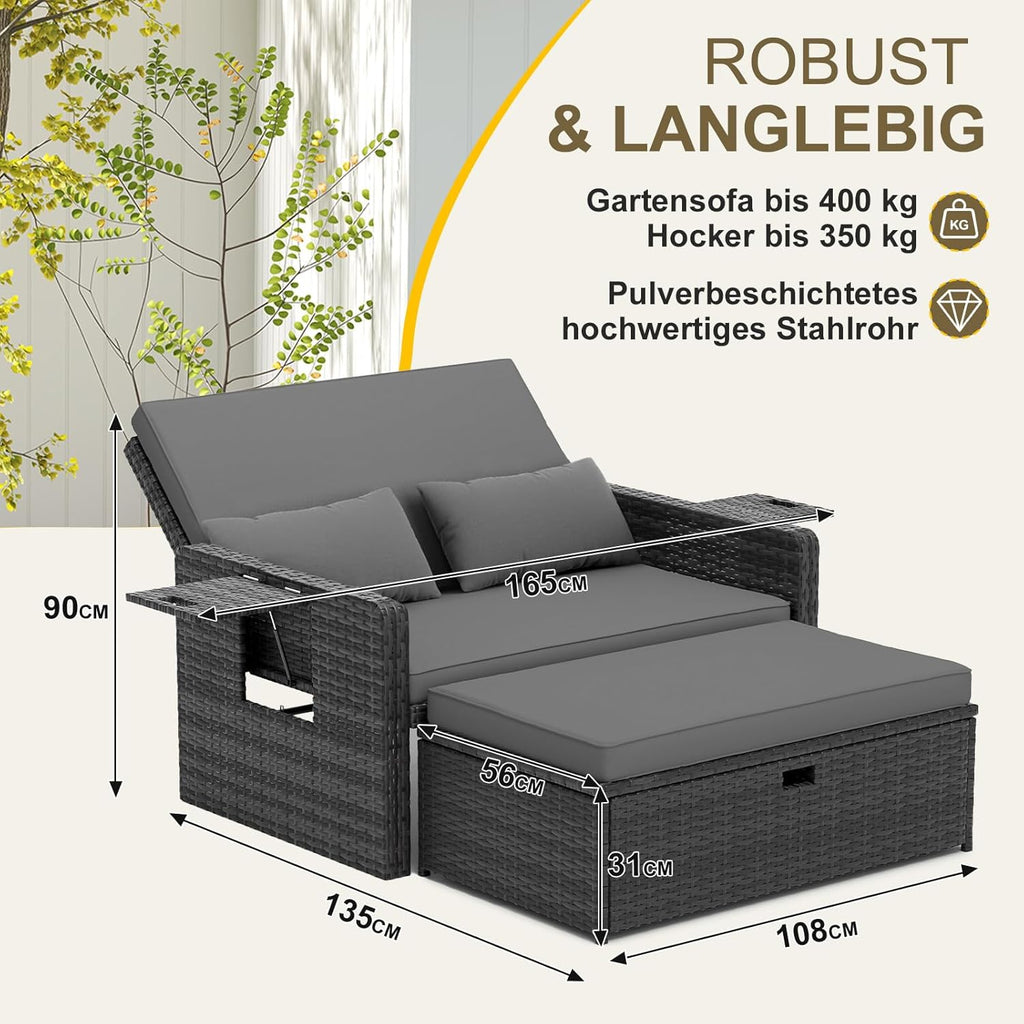 Muebles de salón de ratán para exteriores UDPATIO, muebles de balcón, sofá de jardín con taburete, sofá de ratán con espacio de almacenamiento, cama de jardín ajustable de 2 plazas para terraza, balcón, jardín, gris jaspeado y fundas gris oscuro