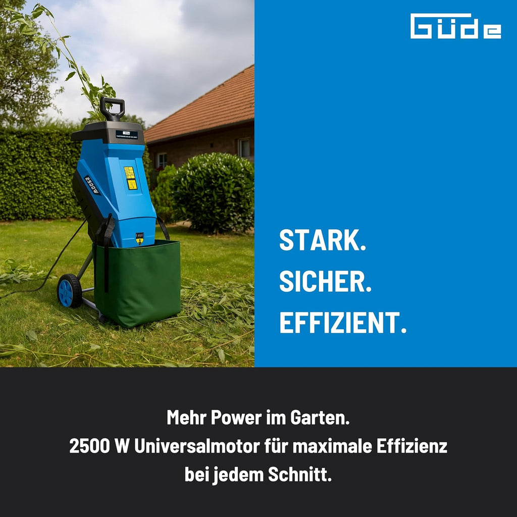 Trituradora de jardín Güde GH 2501 (2500 W, técnica de cuchillas, bajo mantenimiento, autoalimentación, ruedas de transporte, protección contra sobrecarga, grosor máx. de rama 45 mm, incl. bolsa de recogida de 45 L y empujador)