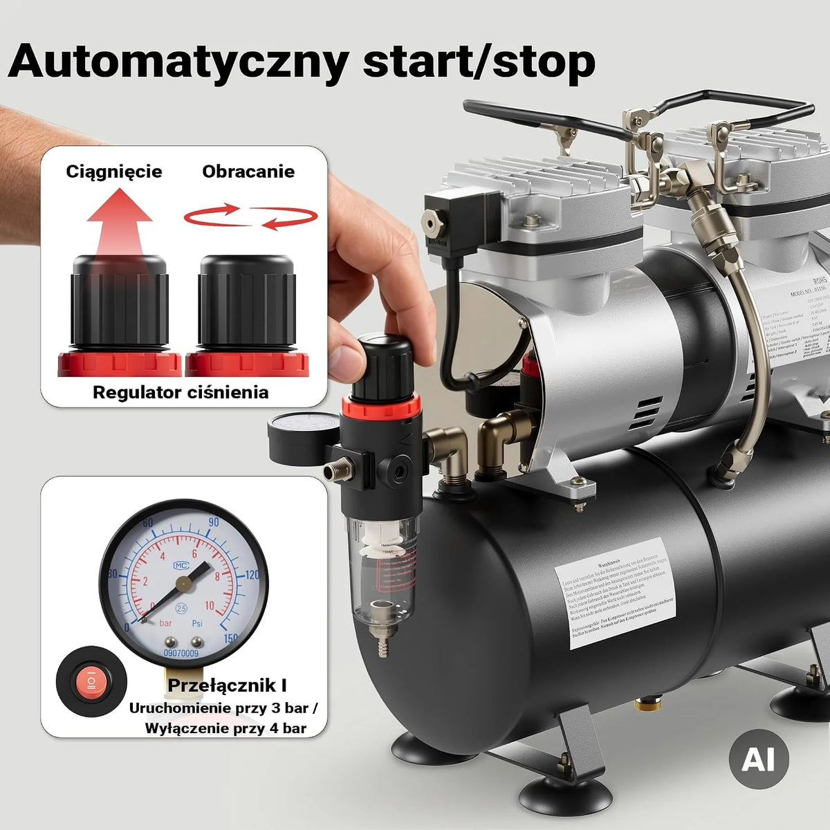 Kompresor AS196 do aerografu ze zbiornikiem powietrznym 2-cylindrowy 6 tłoki automatyczne wyłączanie