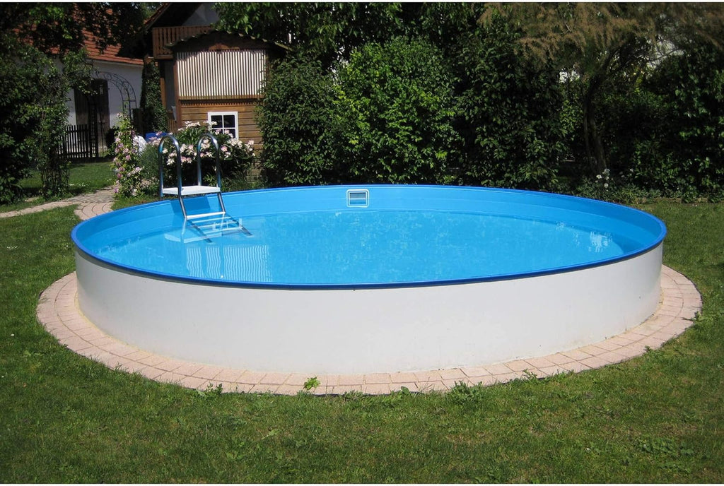 Set de piscina de pared de acero redonda Planet Pool Bologna 200x120 cm, acero blanco 0,6 mm, revestimiento azul 0,6 mm, cenefa colgante