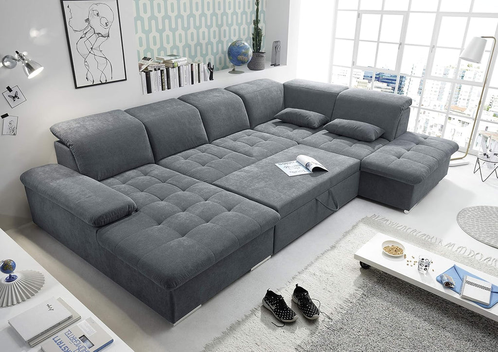 Sofá rinconera en forma de U Stella Trading WAYNE, tapicería de tela color antracita - Sofá extensible con función de cama y arcón - 340 x 81 (104) x 188 (240) cm (ancho/alto/fondo)