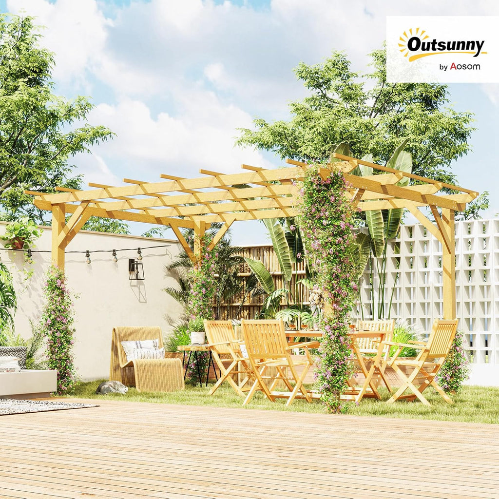 Pérgola de jardín exterior Outsunny 3 x 4 m, pérgola corredera retráctil, pérgola de madera, cenador para plantas trepadoras, flores, rosas, pérgola para terraza, patio, madera natural