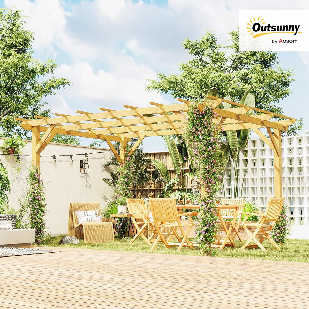 Pérgola de jardín exterior Outsunny 3 x 4 m, pérgola corredera retráctil, pérgola de madera, cenador para plantas trepadoras, flores, rosas, pérgola para terraza, patio, madera natural