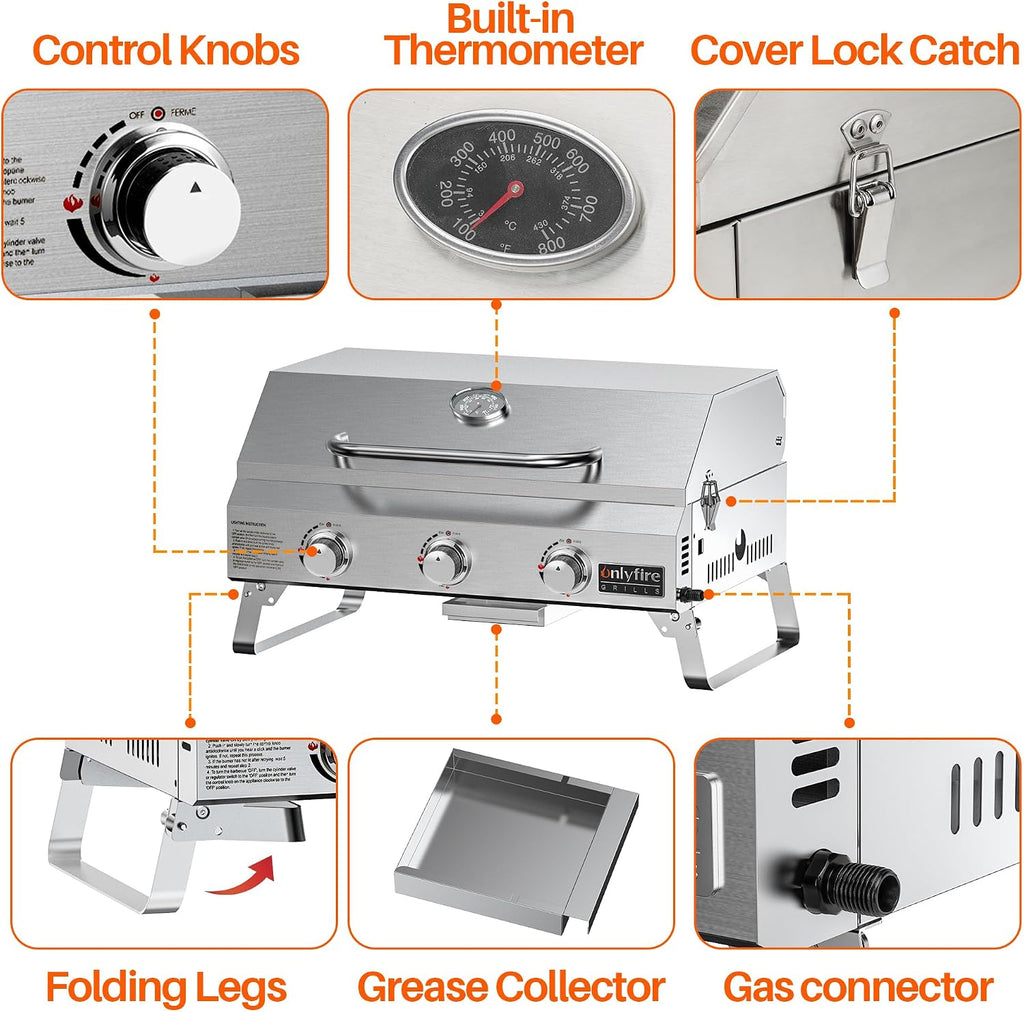 Onlyfire Parrilla de gas portátil de 3 quemadores | Parrilla de mesa con rejilla | 7 kW | Superficie de cocción 56,5 × 34 cm | con termómetro, tapa | Patas plegables | Parrilla de camping para terraza, balcón y jardín