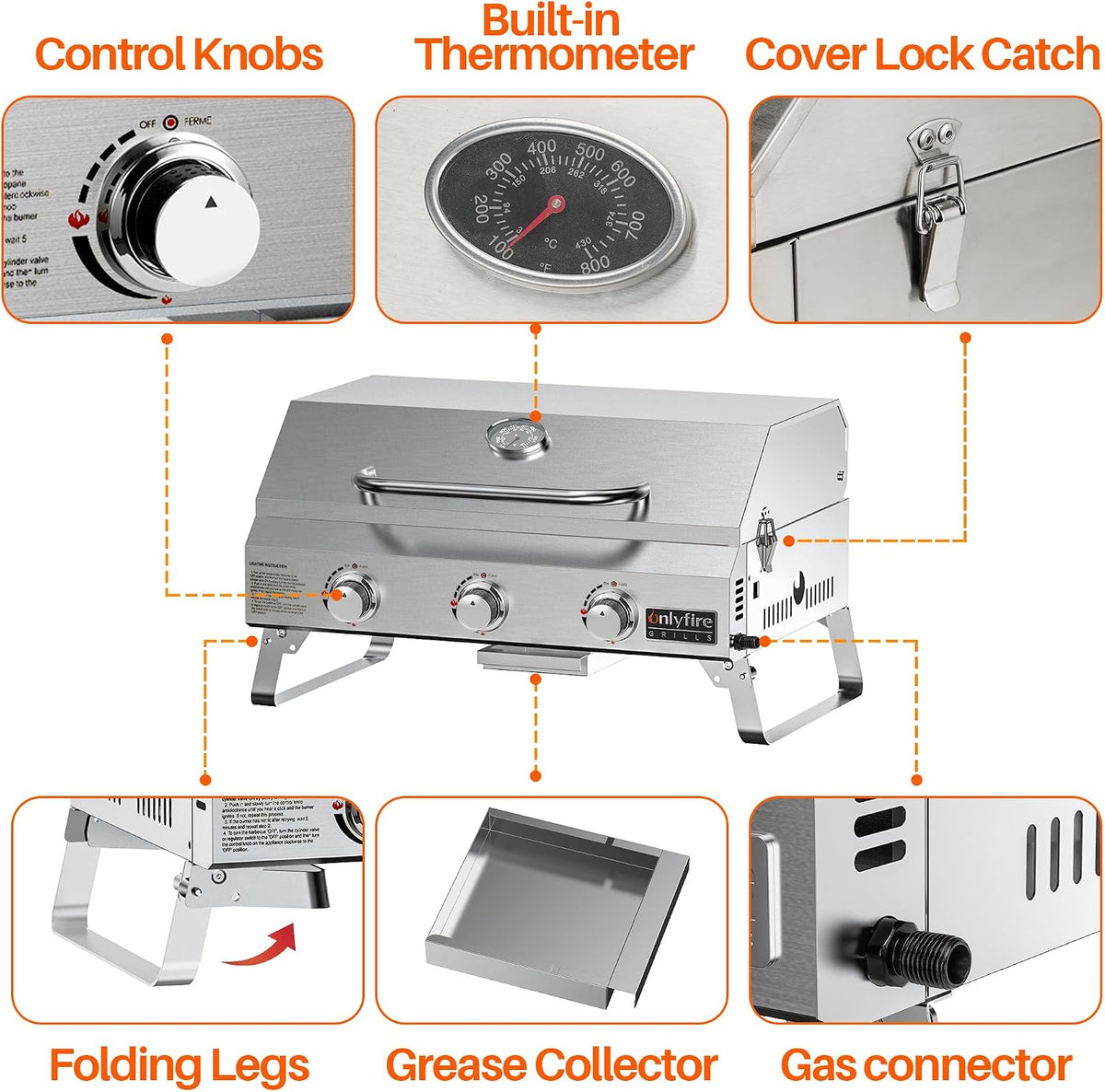 Onlyfire Parrilla de gas portátil de 3 quemadores | Parrilla de mesa con rejilla | 7 kW | Superficie de cocción 56,5 × 34 cm | con termómetro, tapa | Patas plegables | Parrilla de camping para terraza, balcón y jardín