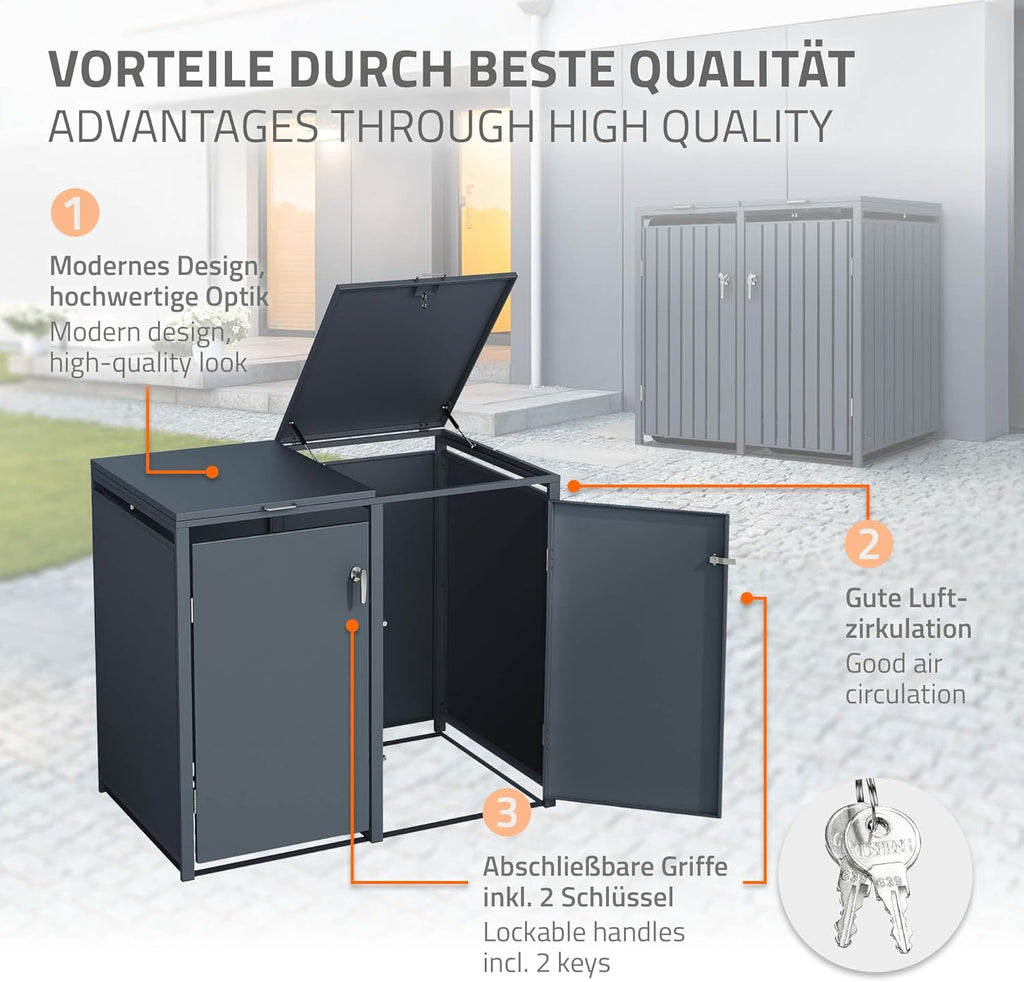 ML-Design Cobertizo para 4 cubos de basura de 240 L, 264x80x116,3 cm, antracita, acero, resistente a la intemperie, cerramiento bloqueable con tapa abatible/4 puertas, contenedor para cubos de basura, cubierta para cubos de basura